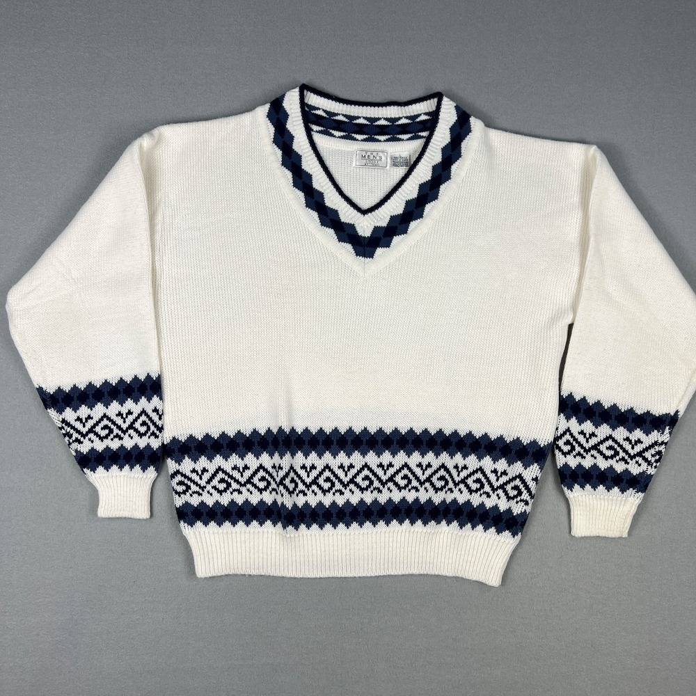 VTG Sears Mens Store Sweater‎ Mens Large V-Neck Fair Isle Knit Preppy Ivy Korea